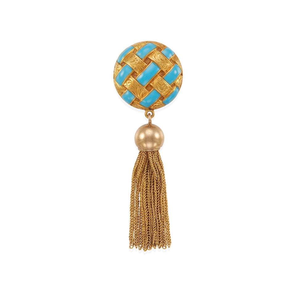 VICTORIAN ERA GOLD AND ENAMEL TASSEL BROOCH: VICTORIAN ERA GOLD AND ENAMEL TASSEL BROOCH • 9k, 14k, and 20k yellow gold • Basket weave motif with opaque turquoise enamel • Length: 2 3/8 in. • Estimated gross weight: 10.7