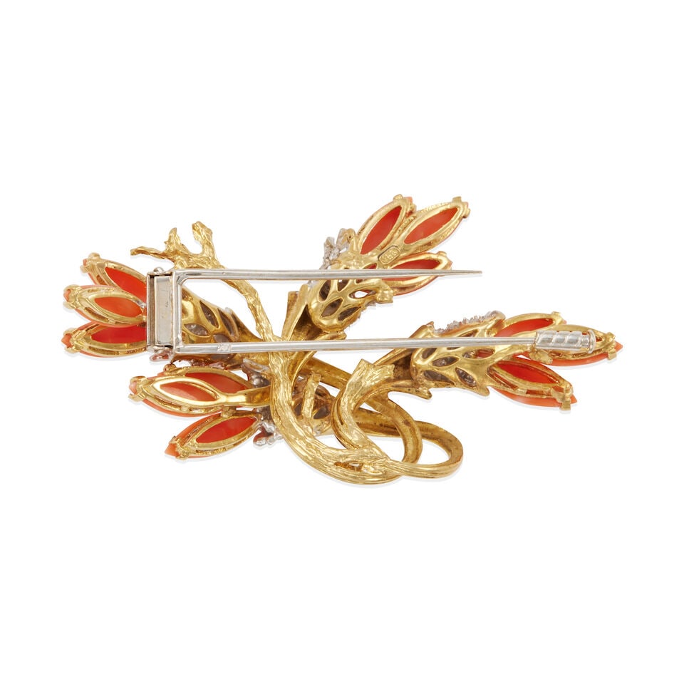 18K BICOLOR GOLD, CORAL, AND DIAMOND FREE-FORM BROOCH - 2