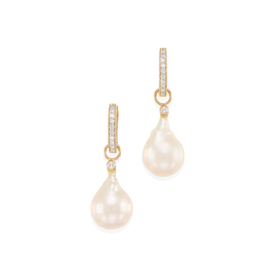 PAIR OF 18K GOLD, DIAMOND AND CULTURED PEARL PENDANT DROP EARRINGS (1 of 2)