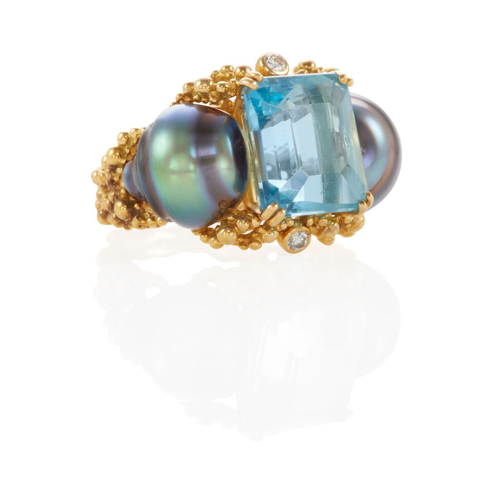 GILBERT ALBERT: 18K GOLD, AQUAMARINE AND CULTURED PEARL RING - 2