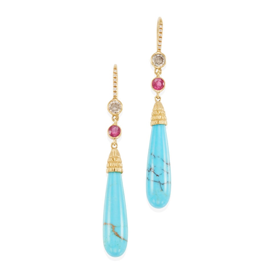 18K GOLD, DIAMOND AND MULTI-GEM PENDANT EARRINGS (1 of 2)