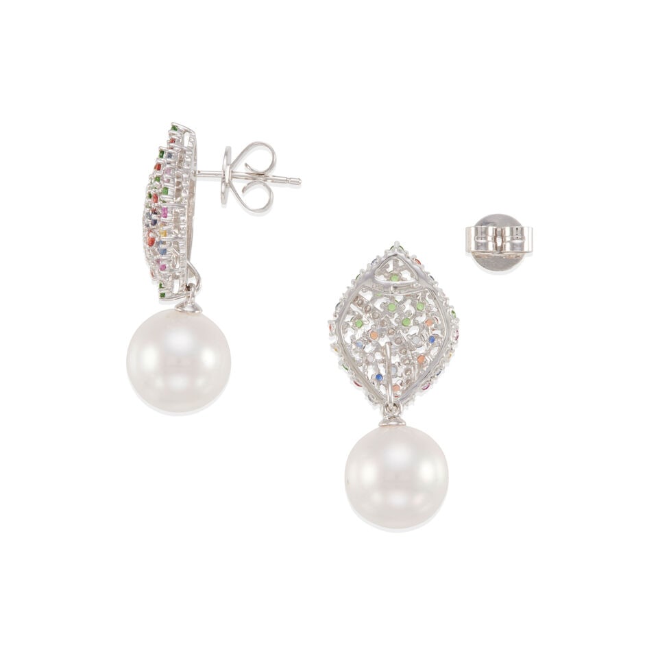 PAIR OF 18K GOLD, DIAMOND, SAPPHIRE AND CULTURED PEARL EARRINGS - 2