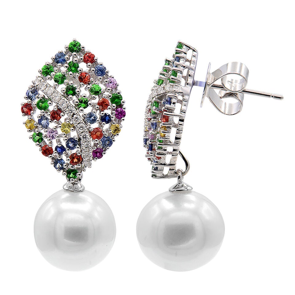 PAIR OF 18K GOLD, DIAMOND, SAPPHIRE AND CULTURED PEARL EARRINGS - 3