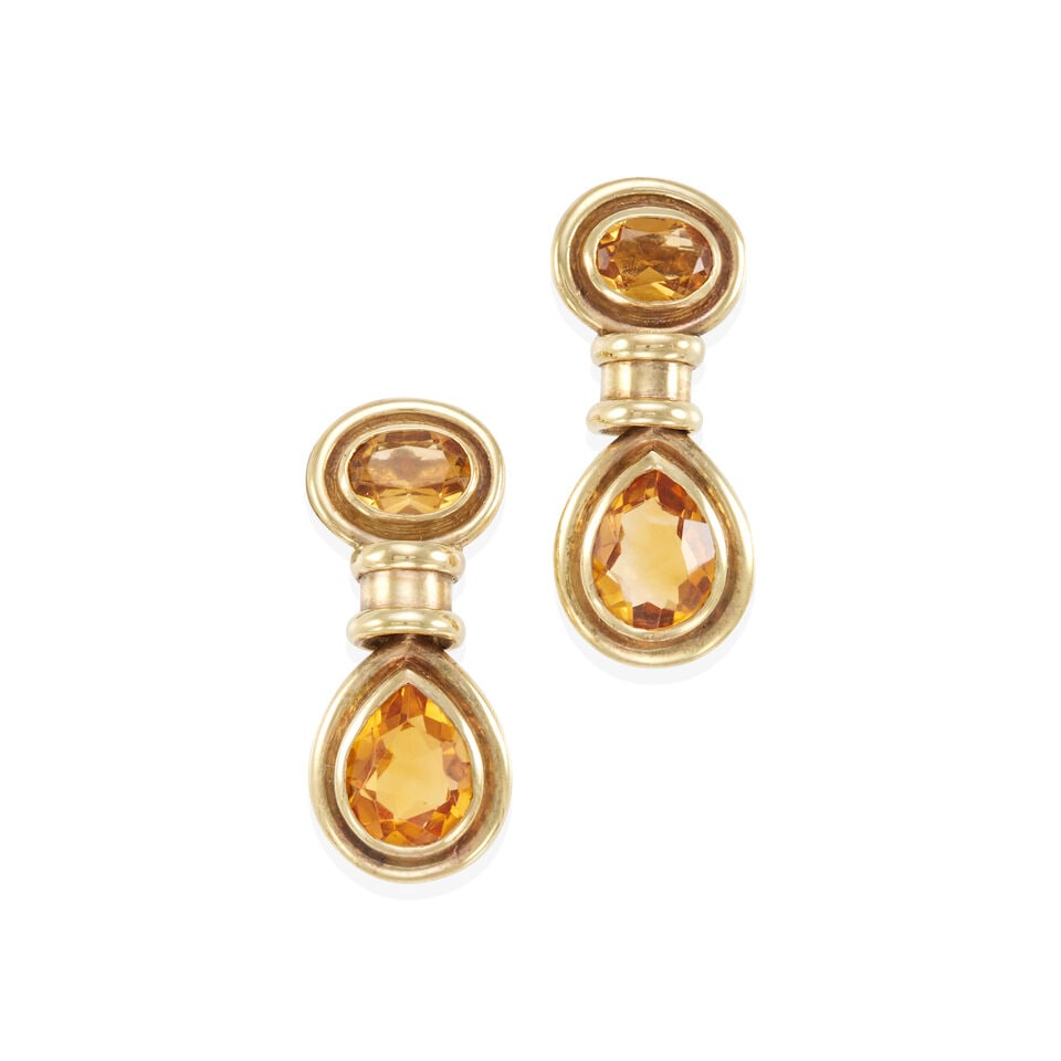 PAIR OF 9K GOLD AND CITRINE PENDANT EARRINGS: PAIR OF 9K GOLD AND CITRINE PENDANT EARRINGS • 9k yellow gold • 2 pear shape citrines weighing approximately 4.70 carats total • Length: 1 3/8 in. • Estimated gross weight: 9.9