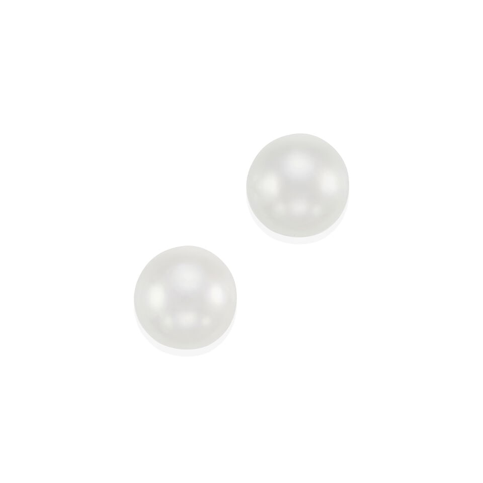 PAIR OF 18K GOLD AND CULTURED PEARL EARRINGS: PAIR OF 18K GOLD AND CULTURED PEARL EARRINGS • 18k white gold • 2 round cultured pearls 12.47 - 12.52mm • Measures 1/2 x 1/2 in. • Estimated gross weight: 7.3