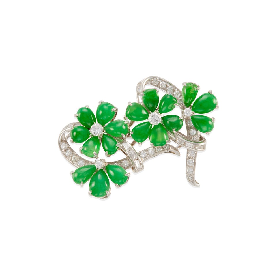 PLATINUM, DIAMOND AND JADE BROOCH WITH GIA REPORT (1 of 3)