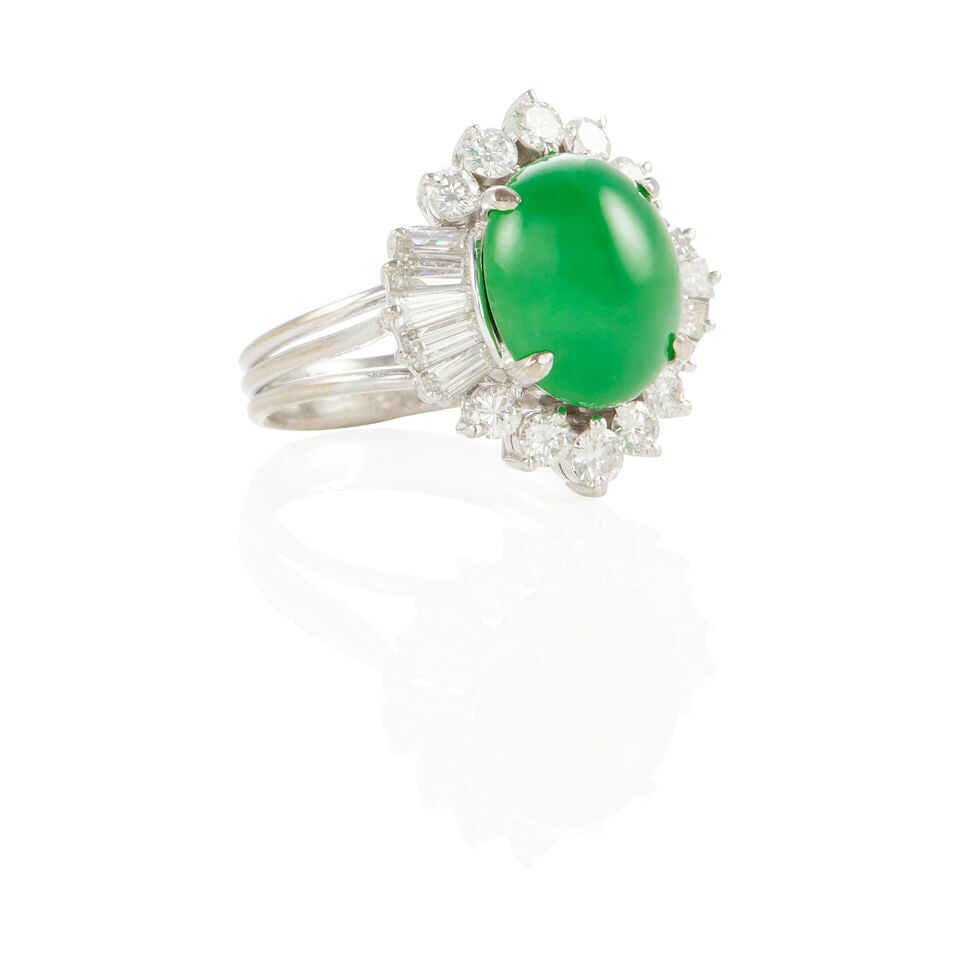 14K GOLD, JADE AND DIAMOND RING WITH GIA REPORT - 3