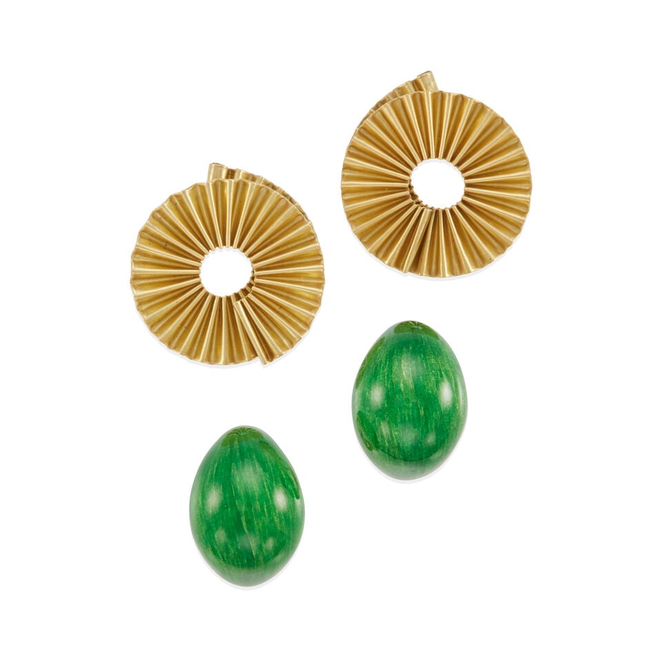 TWO PAIR 18K GOLD EARRINGS: TWO PAIR 18K GOLD EARRINGS • 18k yellow gold pleated earrings, length, 1 in. • 18k yellow gold half-hoop earrings with green translucent enamel, length, ¾ in. • Estimated