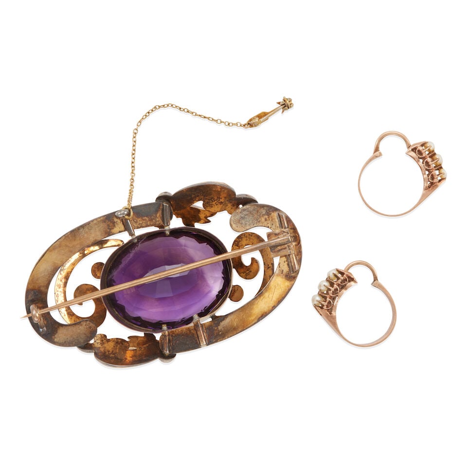 ANTIQUE 10K GOLD AMETHYST BROOCH AND CULTURED PEARL EARRINGS - 2