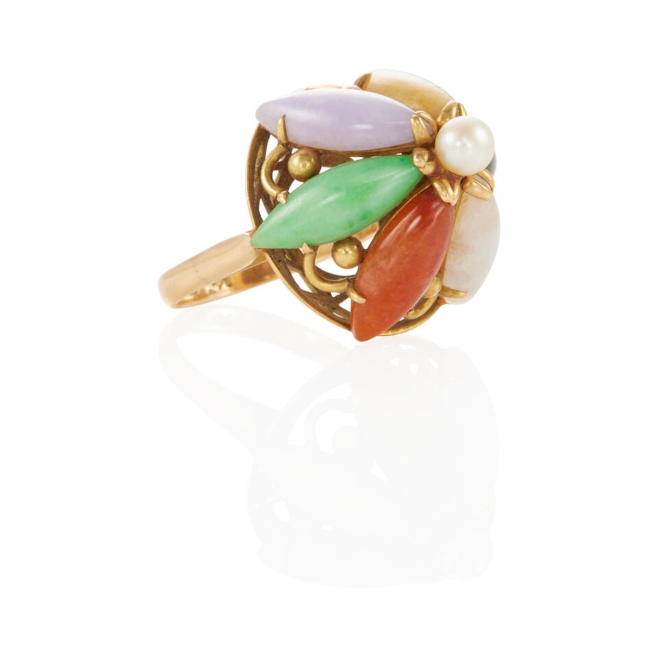 14K GOLD, JADE AND CULTURED PEARL RING - 2