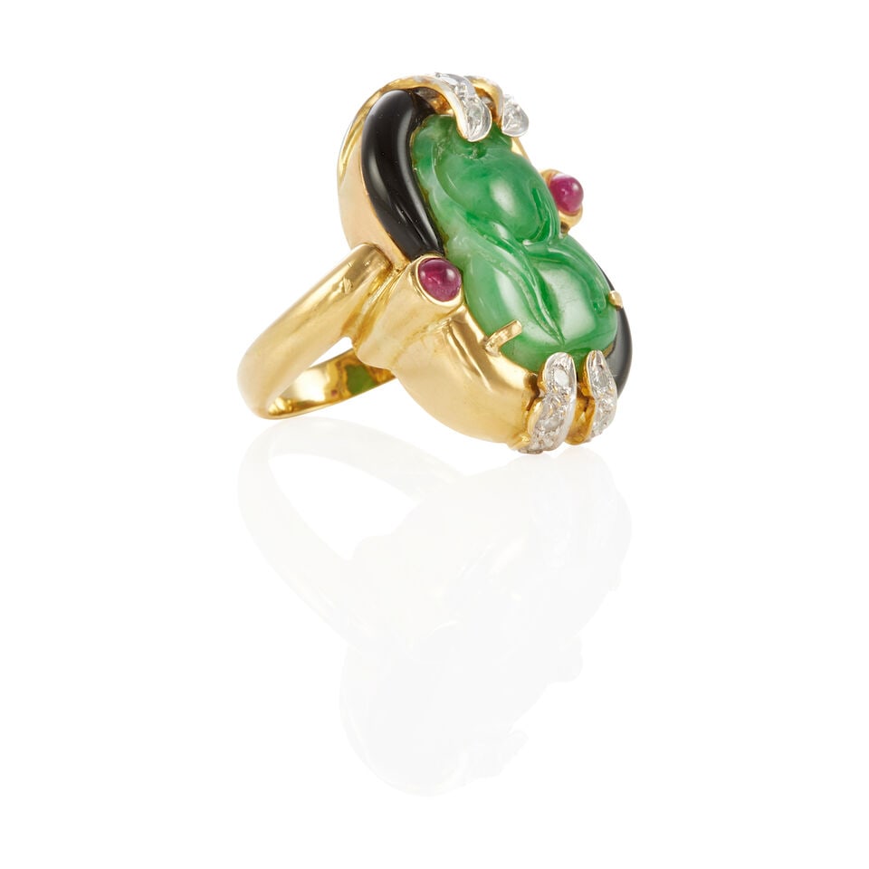 18K BICOLOR GOLD, DIAMOND, JADE, RUBY AND ONYX RING - 2