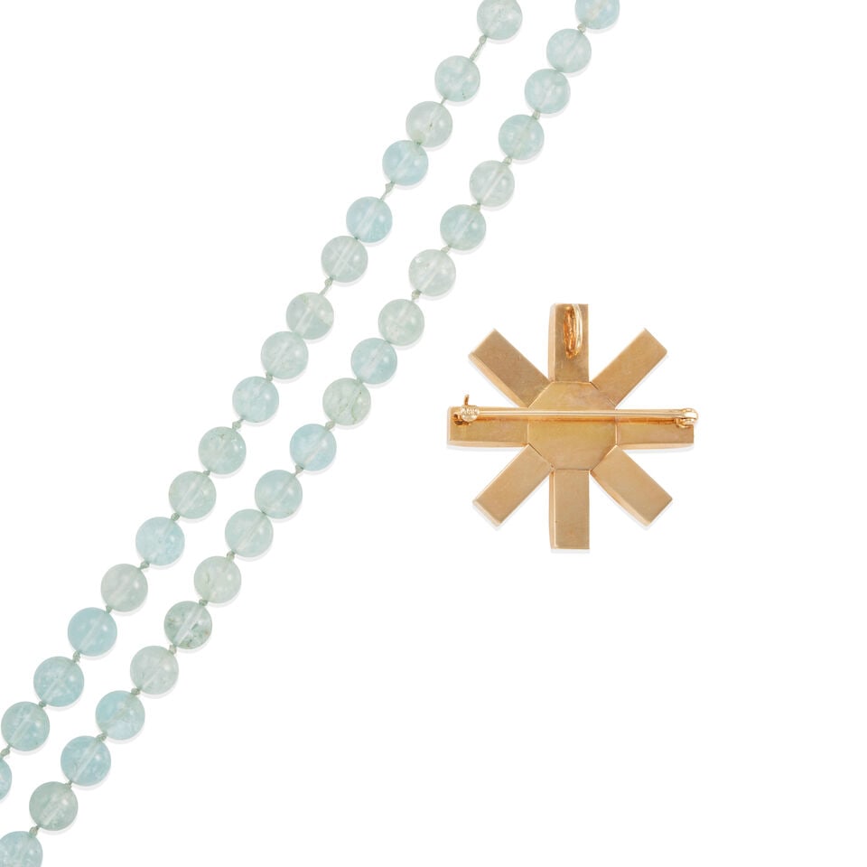 14K GOLD BROOCH/PENDANT AND AQUAMARINE STRAND NECKLACE - 2