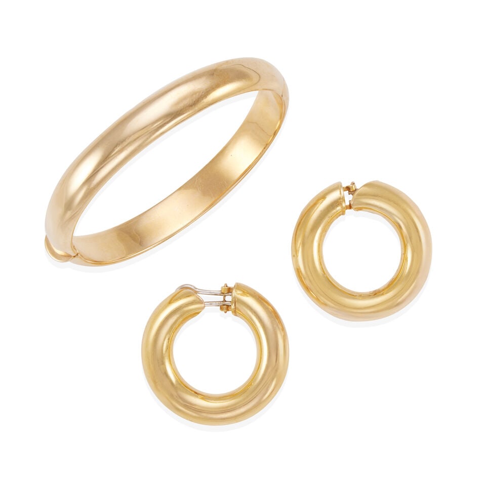 14K GOLD BANGLE BRACELET AND HOOP EARRING SET (1 of 2)