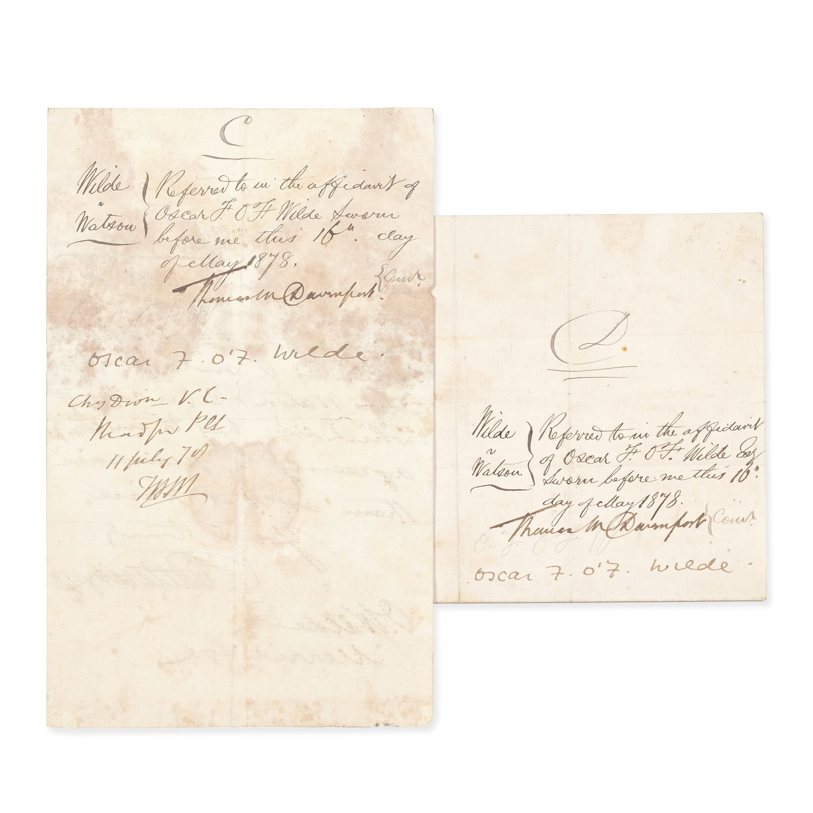 WILDE - LEGAL DOCUMENTS A file of legal documents (deeds, receipts etc) from the solicitor Messr...: WILDE - LEGAL DOCUMENTS A file of legal documents (deeds, receipts etc) signed by, or relating to Wilde, from the solicitor Messrs Cathcart and Hemphill, Lower Baggot Street, comprising: (i) 10 docume