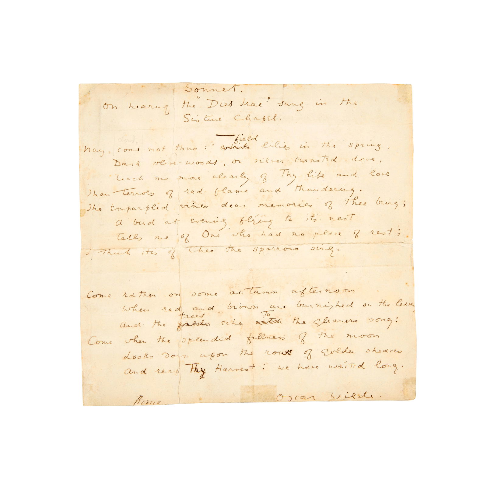 WILDE (OSCAR) Autograph manuscript signed of the sonnet 'On hearing the 'Dies Irae' sung in the ... (1 of 1)