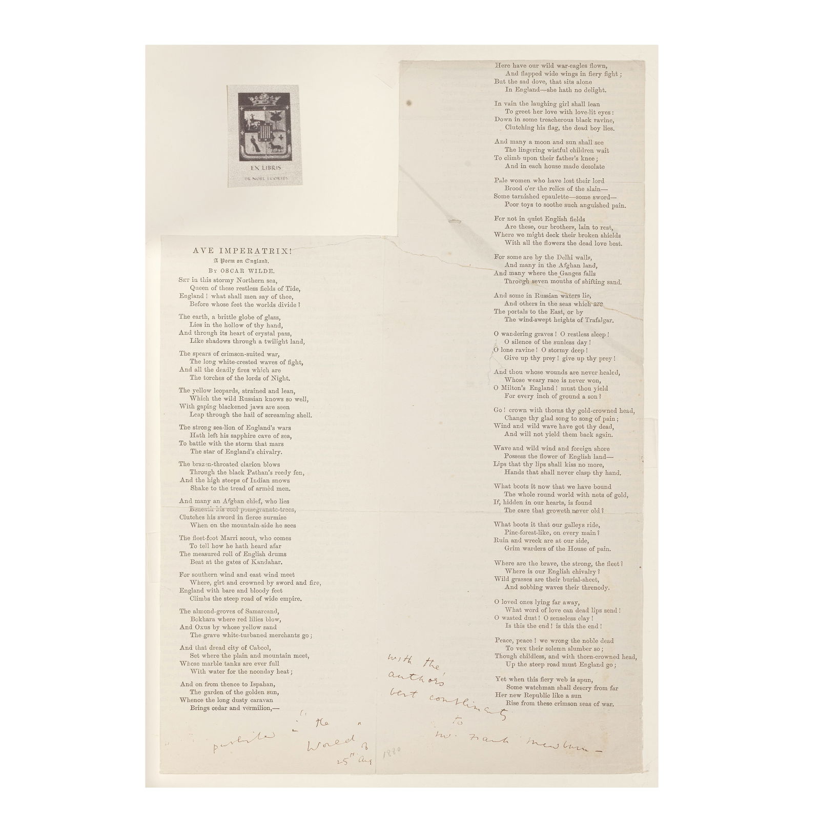 WILDE (OSCAR) Galley proof of Wilde's 'Ave Imperatrix! A Poem on England', AUTHOR'S PRESENTATION...: WILDE (OSCAR) Galley proof of Wilde's 'Ave Imperatrix! A Poem on England', AUTHOR'S PRESENTATION COPY, INSCRIBED 'With the author's best compliments to Mr. Frank Mewburn. Published in 'The World' of 2