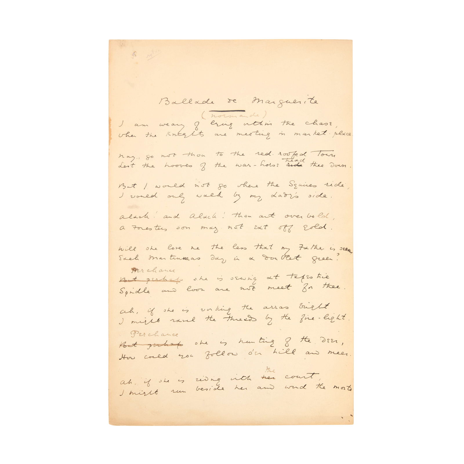 WILDE (OSCAR) Autograph manuscript titled 'Ballade de Marguerite', [n.d. but 1879-1881] (1 of 1)