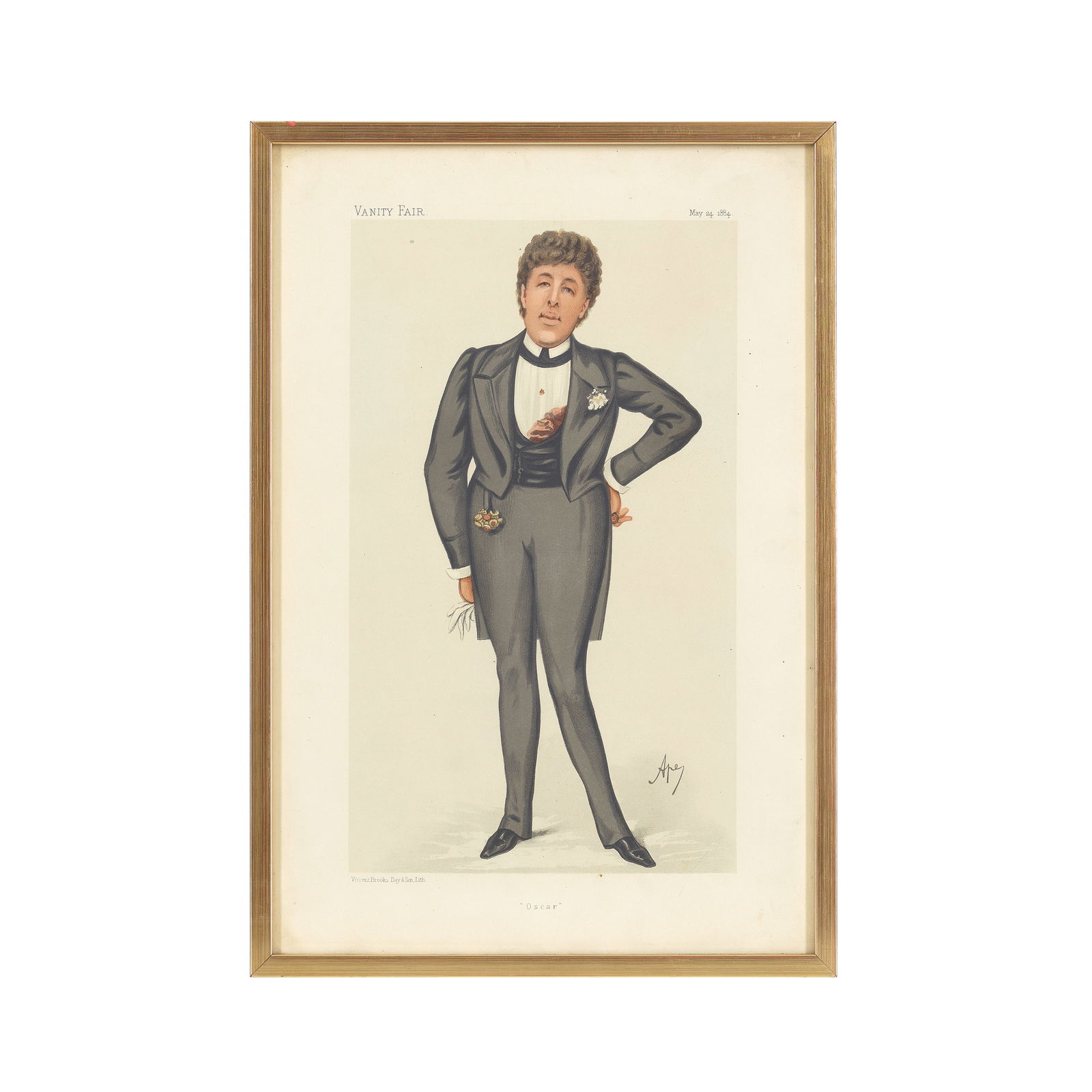WILDE - VANITY FAIR 'Oscar', [1884]: WILDE - VANITY FAIR 'Oscar', chromolithographed portrait of Wilde by Ape [Carlo Pellegrini], from 'Vanity Fair', framed and glazed, 390 x 260mm., [1884]