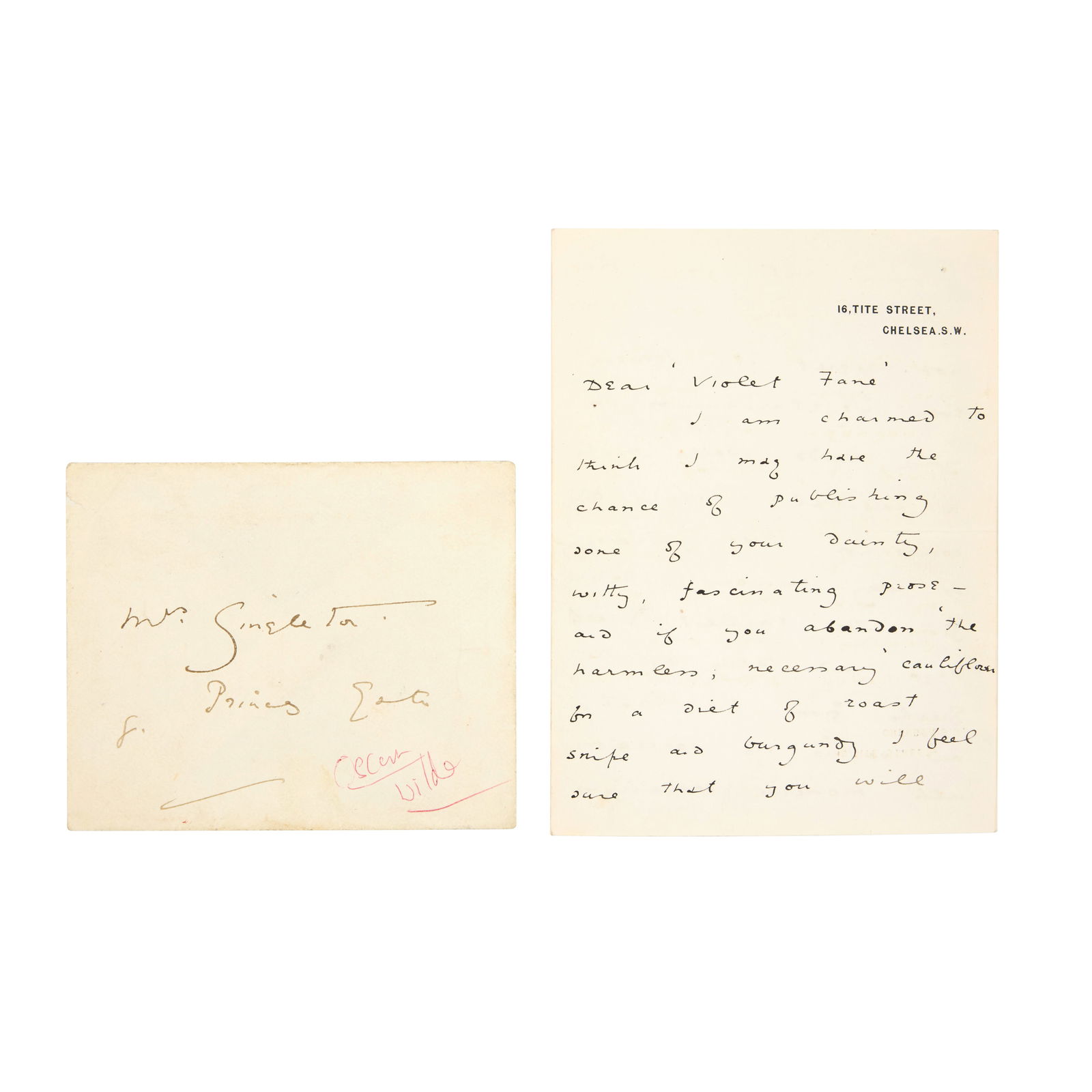WILDE (OSCAR) Autograph letter signed to 'Violet Fane' on vegetarianism, Tite Street, November 1887: WILDE (OSCAR) Autograph letter signed ('Oscar Wilde') to Mrs Singleton, a.k.a. Violet Fane ('Dear 'Violet Fane''), charmed that he will have the chance of publishing '...some of your dainty, witty, fa