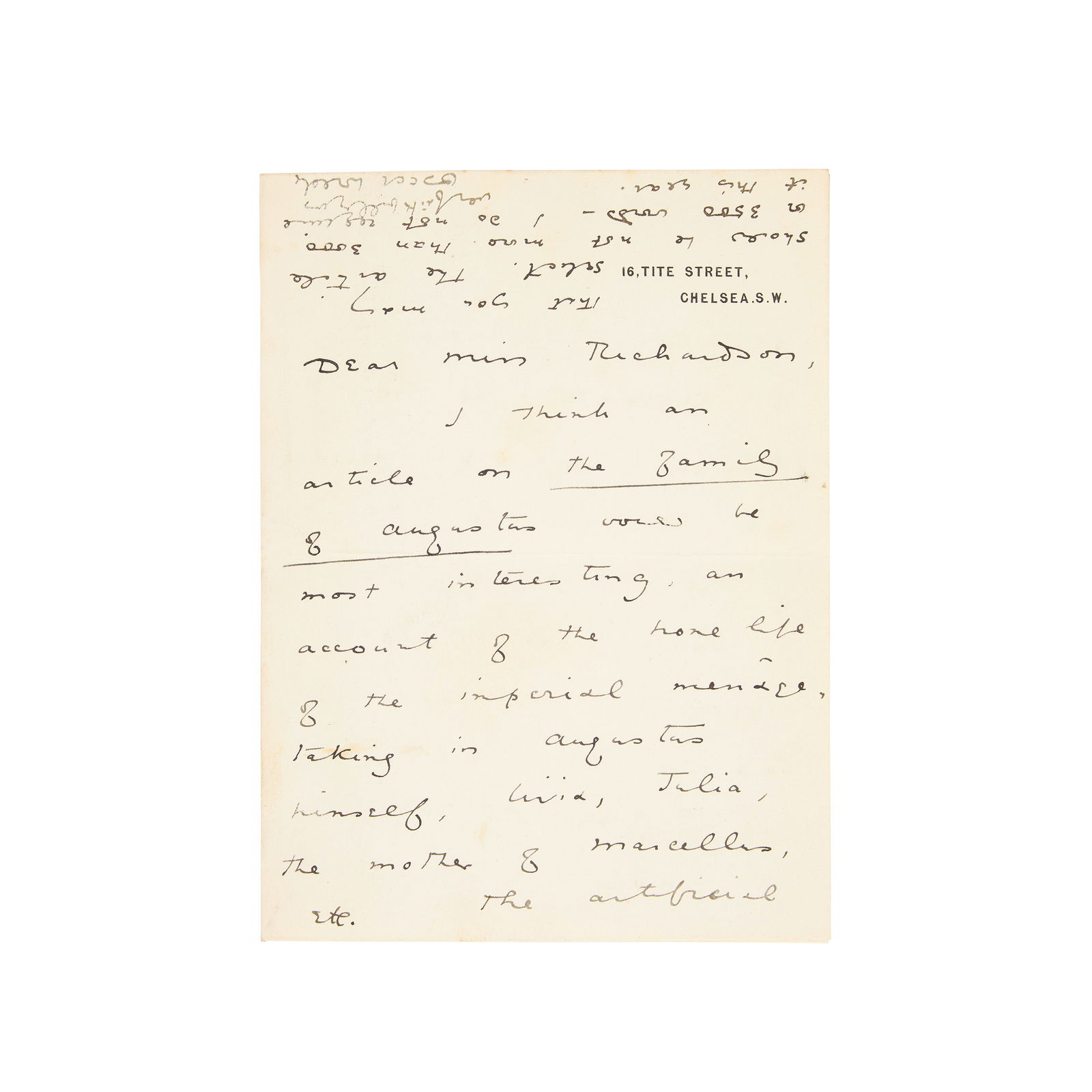 WILDE (OSCAR) Autograph letter signed to Anne Wakefield Richardson, Tite Street [1887] (1 of 1)