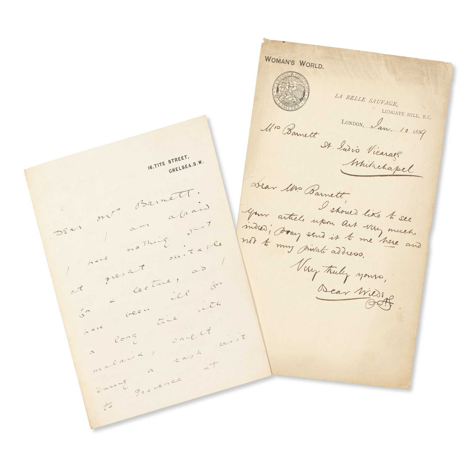 WILDE (OSCAR) Autograph letter signed ('Oscar Wilde') to Henrietta Barnett ('Dear Mrs Barnett')... (1 of 1)