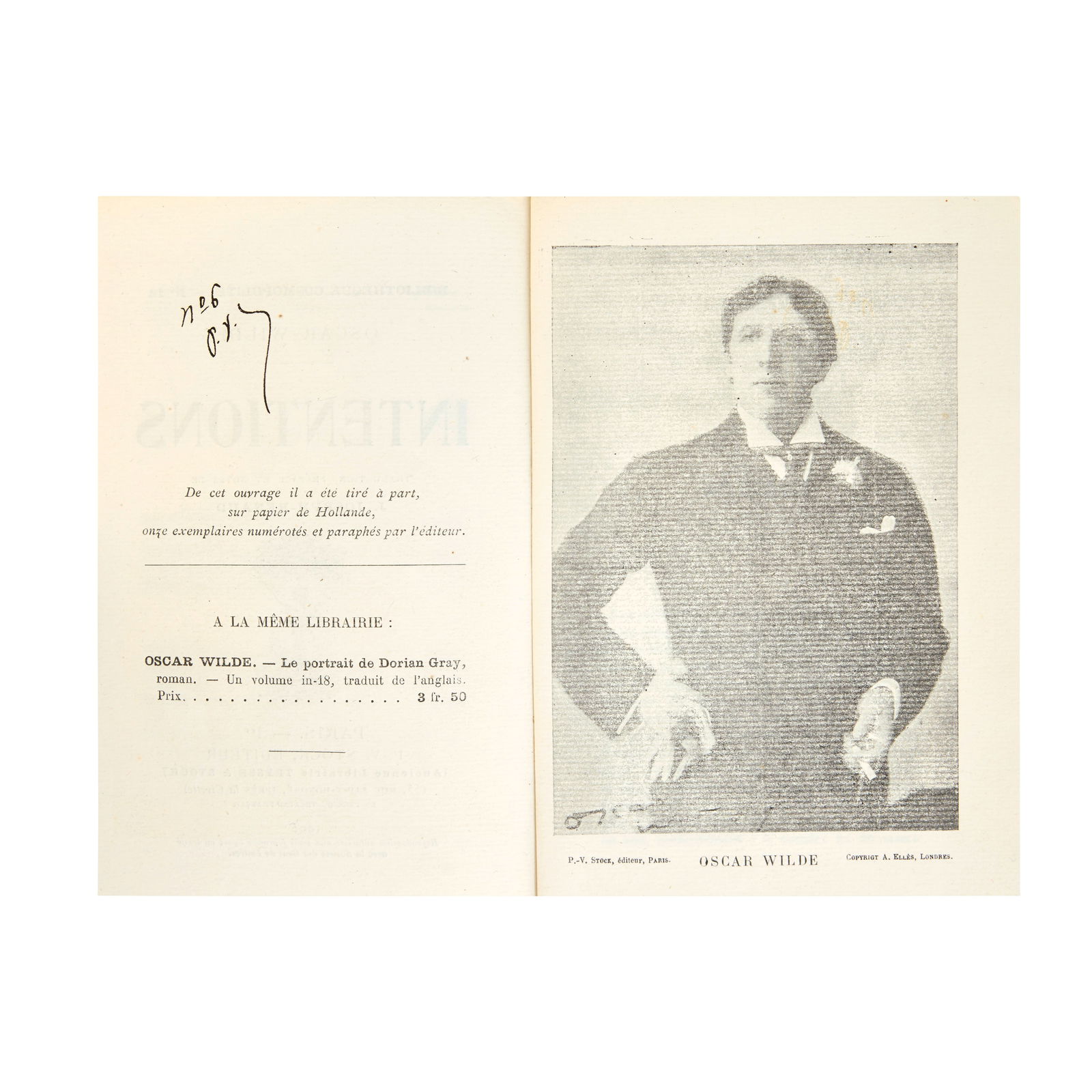 WILDE (OSCAR) Intentions. Traduction, préface et notes de J. Joseph-Renaud, NUMBER 6 OF 11 ...: WILDE (OSCAR) Intentions. Traduction, préface et notes de J. Joseph-Renaud, NUMBER 6 OF 11 COPIES 'numérotés et paraphés par l'editeur' ('no. 6, P.S.V.') on the colophon, half-tit