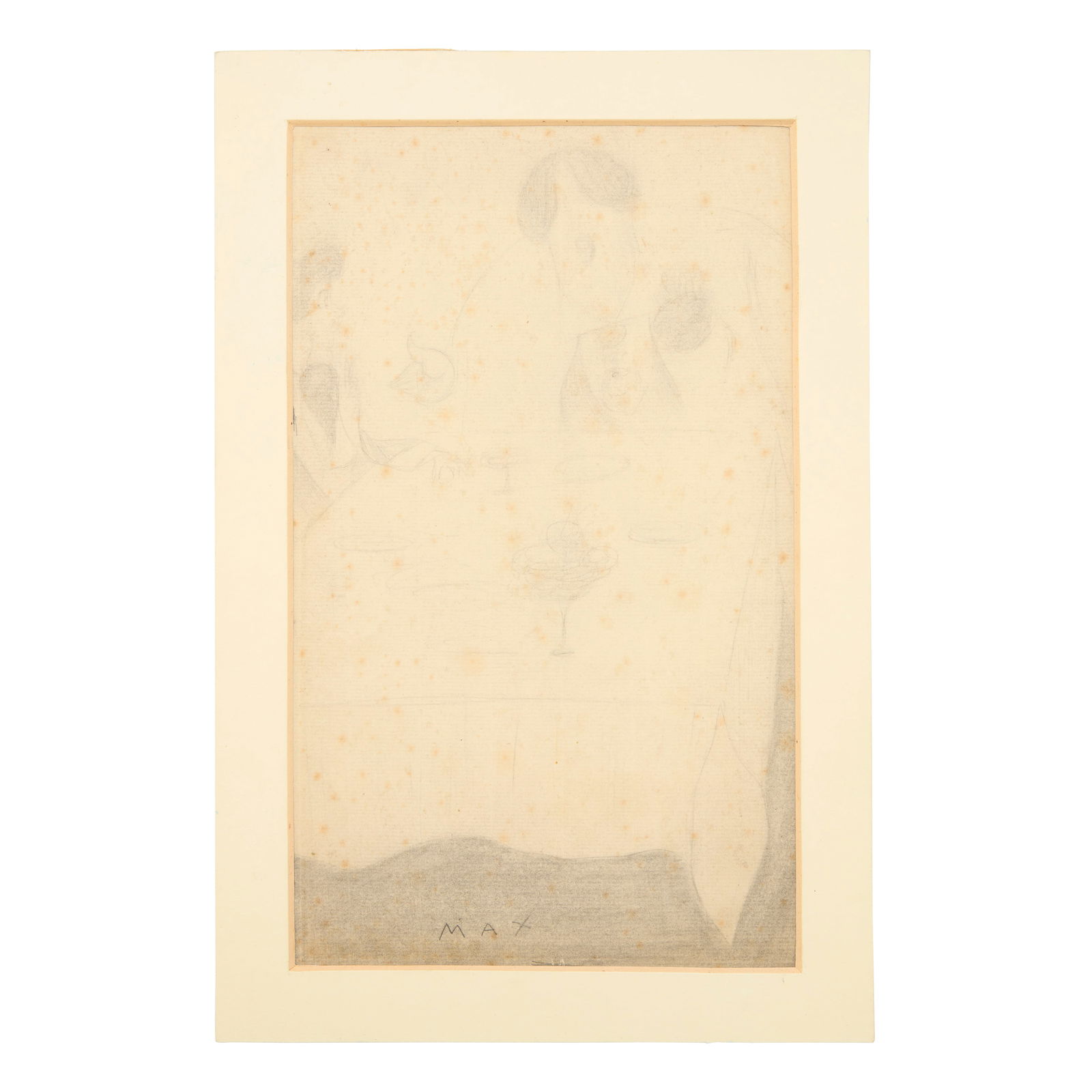 BEERBOHM (MAX) Sketch of Oscar Wilde seated at a dinner table, with ?Richard Le Gallienne, [n.d.]: BEERBOHM (MAX) Sketch of Oscar Wilde seated at a dinner table, with ?Richard Le Gallienne, pencil, on paper, light spotting, remnants of mounting tabs on verso, held in chemise, and morocco-backed sl