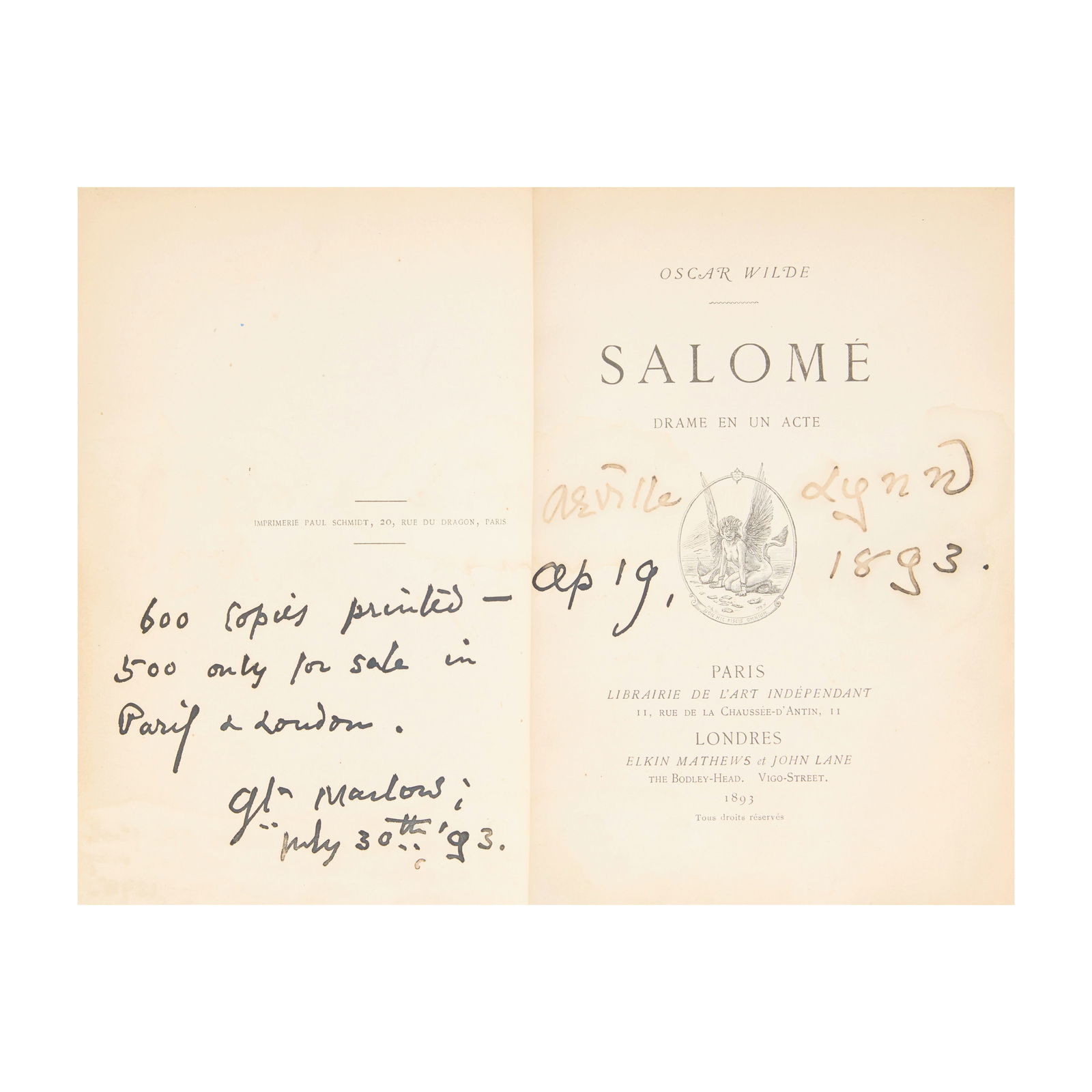 WILDE (OSCAR) Salomé: drame en un acte, FIRST EDITION [LIMITED TO 600 COPIES], Paris, Libra... (1 of 1)