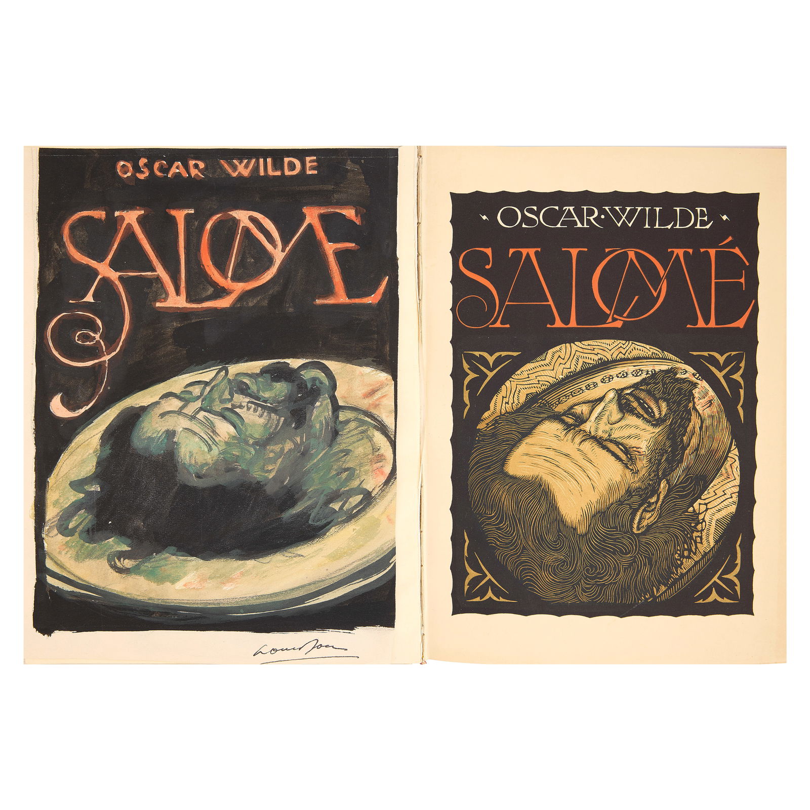 WILDE (OSCAR) - LOUIS JOU - Salomé, LTD TO 150 COPIES, WATERCOLOUR DESIGN BY JOU FOR THE U...: WILDE (OSCAR) - LOUIS JOU Salomé, NUMBER 146 OF 150 COPIES, ORIGINAL WATERCOLOUR DESIGN BY JOU FOR THE UPPER WRAPPER, loosely inserted together with 2 autograph letters signed ('Louis Jou', and