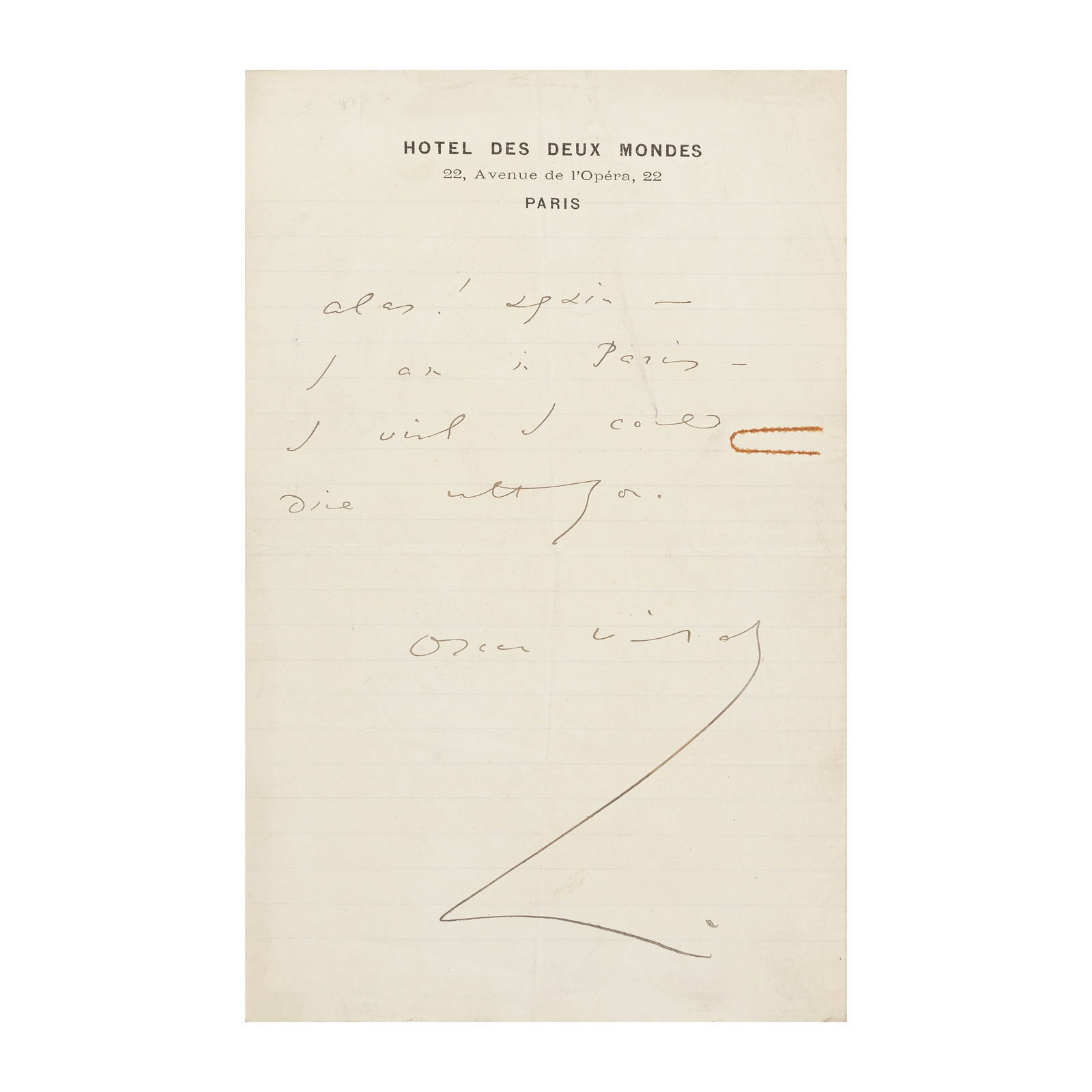 WILDE (OSCAR) Autograph note signed, Hôtel des Deux Mondes, Paris, [n.d., but probably spri...: WILDE (OSCAR) Autograph note signed ('Oscar Wilde') to an unknown recipient, 'Alas! Again -/ I am in Paris -/ I wish I could/ dine with you.', one page on lined paper, dust-staining and marks, rust-st