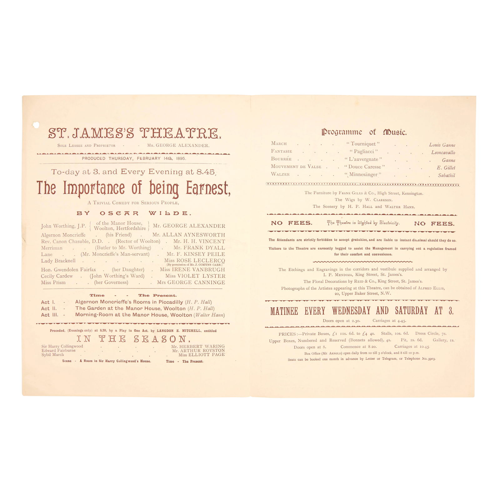 WILDE - THEATRE PROGRAMMES Two programmes for the first production of 'The Importance of Being E...: WILDE - THEATRE PROGRAMMES Two programmes for the first production of 'The Importance of Being Earnest', St. James's Theatre, Produced 14 February 1895, 4 pages including advertisements, chromolithog