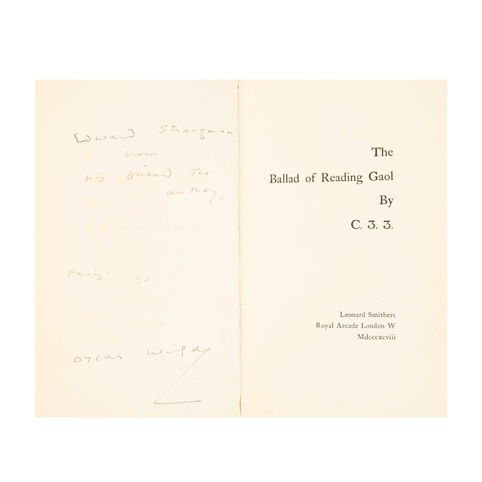 WILDE (OSCAR) The Ballad of Reading Gaol by C.3.3., fifth edition, AUTHOR'S PRESENTATION COPY TO... (1 of 1)