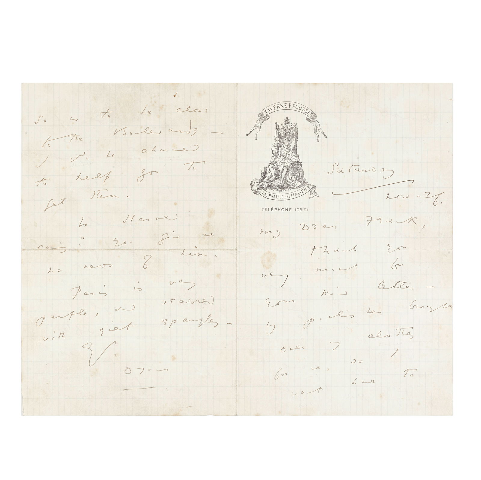 WILDE (OSCAR) Autograph letter signed to 'My Dear Frank', Taverne F. Pousset, Paris, 26 Novembe...: WILDE (OSCAR) Autograph letter signed ('Oscar') to 'My Dear Frank', thanking him for his letter and confirming his publisher has brought over his clothes so there is no need for him to be troubled, pl