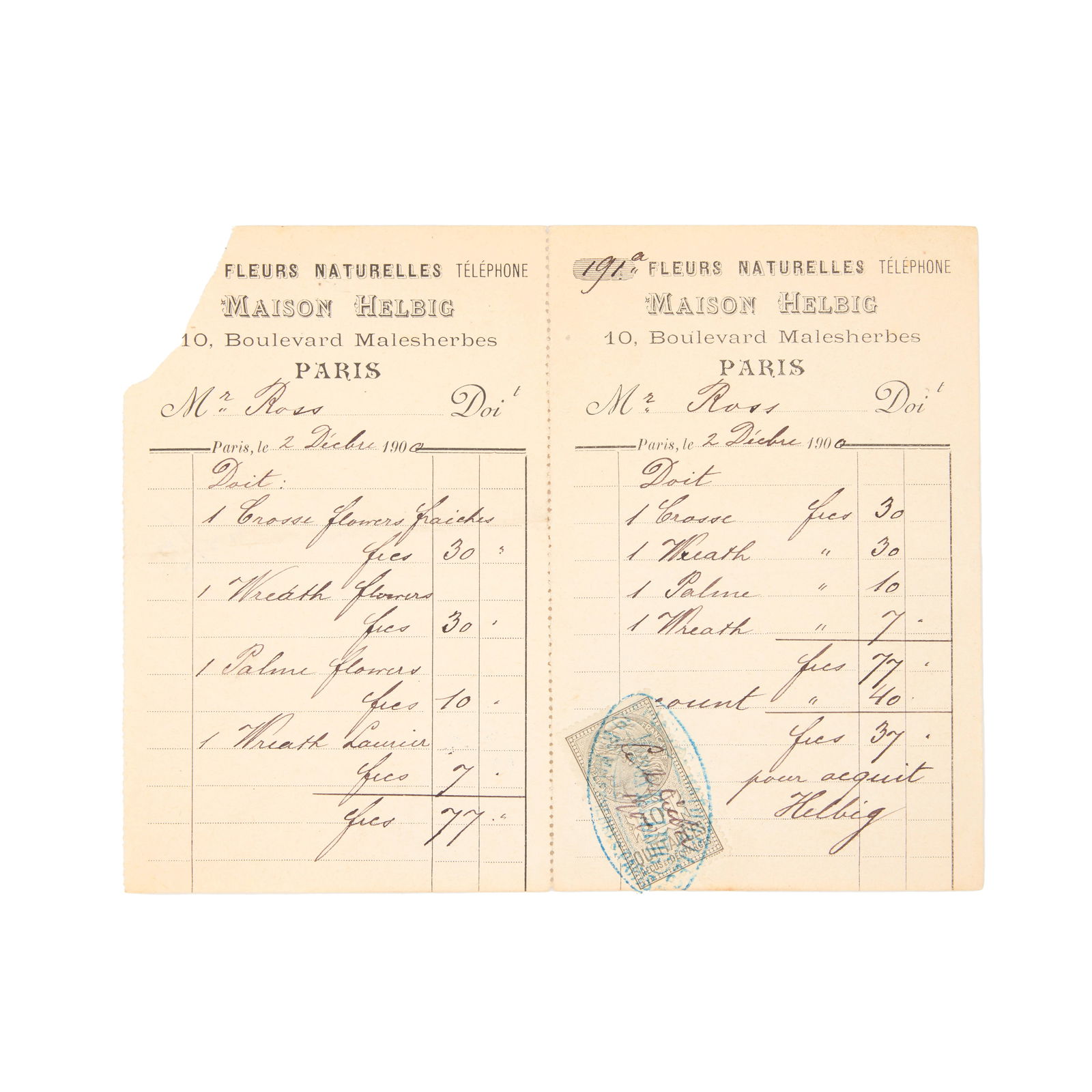 WILDE - FUNERAL FLOWERS Bill for flowers at Oscar Wilde's funeral, made out to Robert Ross ('Mr.... (1 of 1)