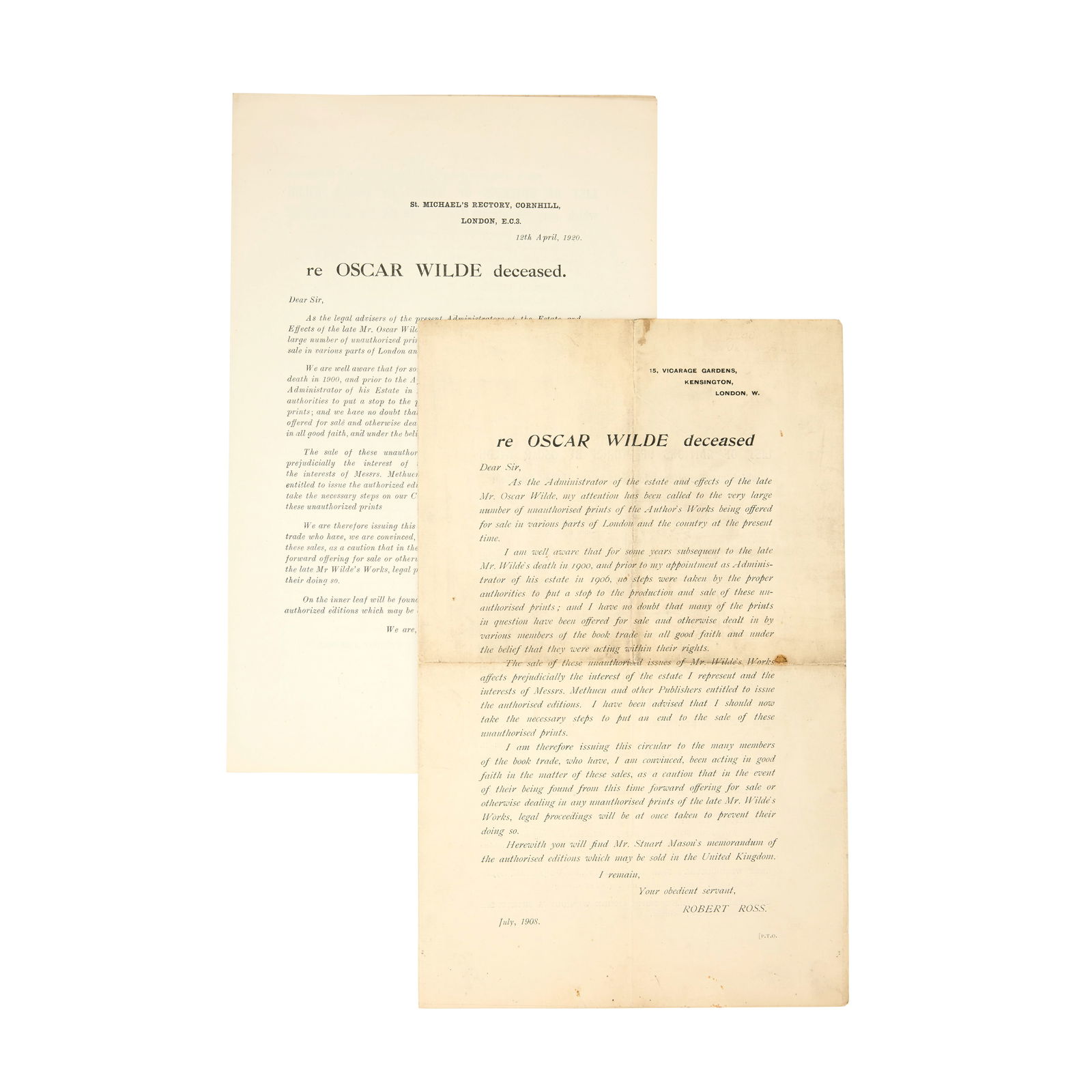 ROSS (ROBERT) Re Oscar Wilde deceased, 1908 and 1920 (2) (1 of 1)