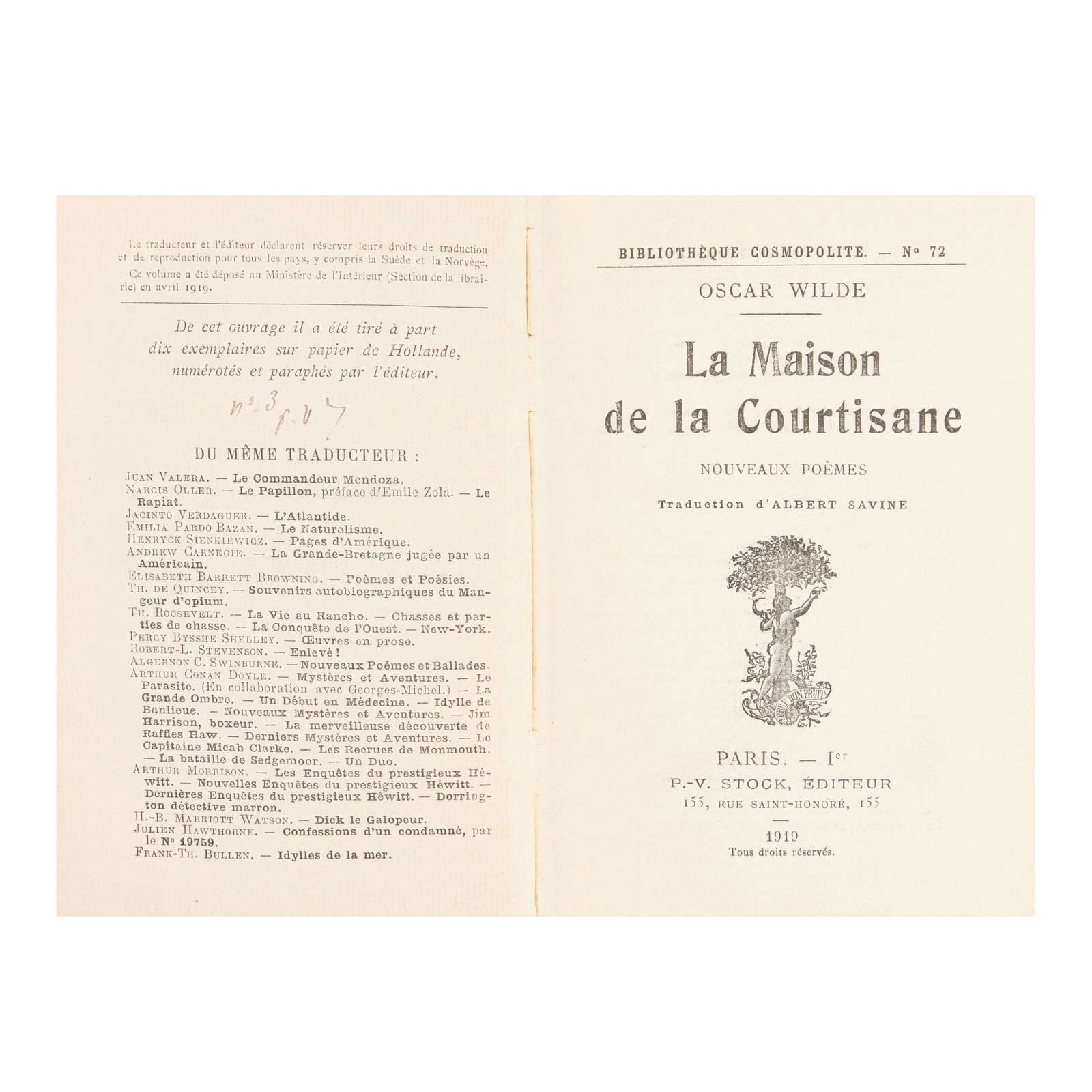 WILDE (OSCAR) La maison de la courtisane. Nouveaux poèmes, NUMBER 3 OF 10 COPIES 'sur papie... (1 of 1)