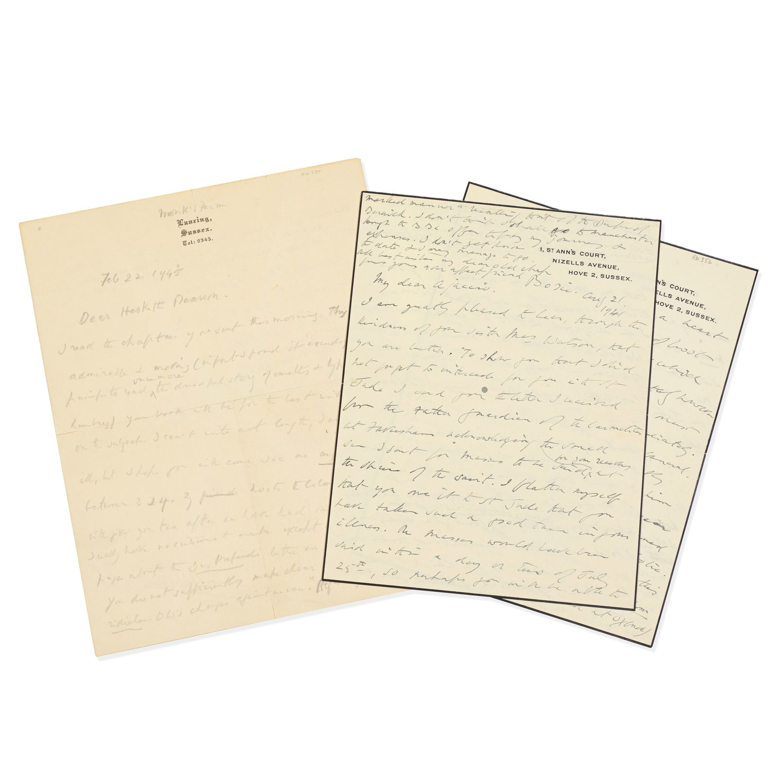 DOUGLAS (LORD ALFRED) Two autograph letters from Lord Alfred Douglas to Wilde biographers, 8vo a... (1 of 1)