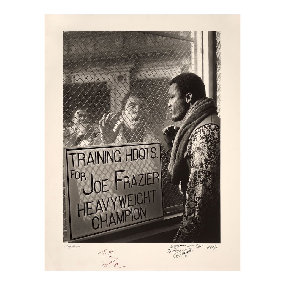 George Kalinsky (1936-2025): The Fight of the Century: Muhammad Ali and Joe Frazier[Joe Frazier'...: George Kalinsky (1936-2025): The Fight of the Century: Muhammad Ali and Joe Frazier [Joe Frazier's gym, Philadelphia, 1971] signed, dated and, dedicated George Kalinsky 1971, To George / from / Muhamm