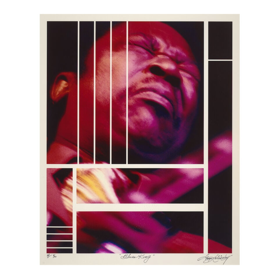 George Kalinsky (1936-2025): Blues King: B.B. King[circa 1972]: George Kalinsky (1936-2025): Blues King: B.B. King [circa 1972] signed George Kalinsky (lower right), titled, and annotated AP 7/20 (along lower margin) color photograph sight 21 5/8 x 17 3/8in; frame