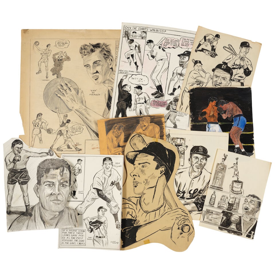 George Kalinsky (1936-2025): A Group of Original Artwork: George Kalinsky (1936-2025): A Group of Original Artwork comprising a group of ten early drawings, and a New York Knicks Madison Square Garden 1966-1967 Plexi-board mounted program cover spread. large