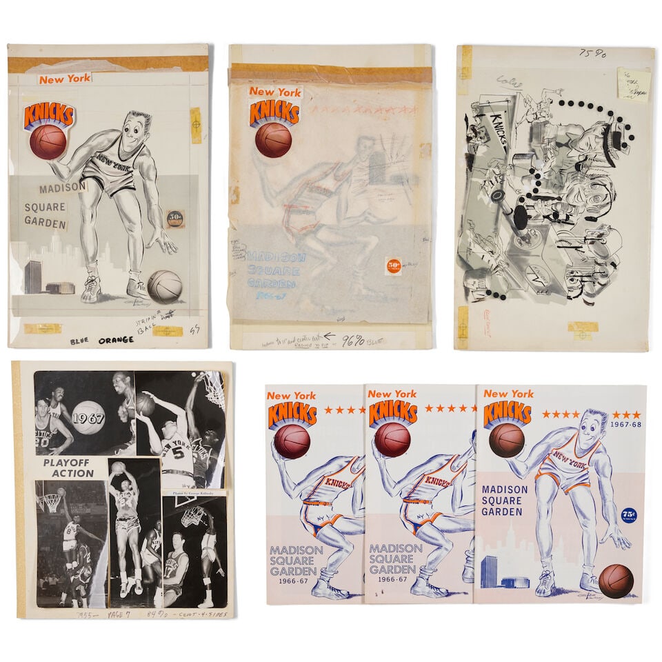 George Kalinsky (1936-2025): A Group of Original Artwork For Knickerbockers Basketball Magazine1...: George Kalinsky (1936-2025): A Group of Original Artwork For Knickerbockers Basketball Magazine 1960s comprising four illustration layouts and three corresponding magazines. largest 15 x 10in (7) Foot