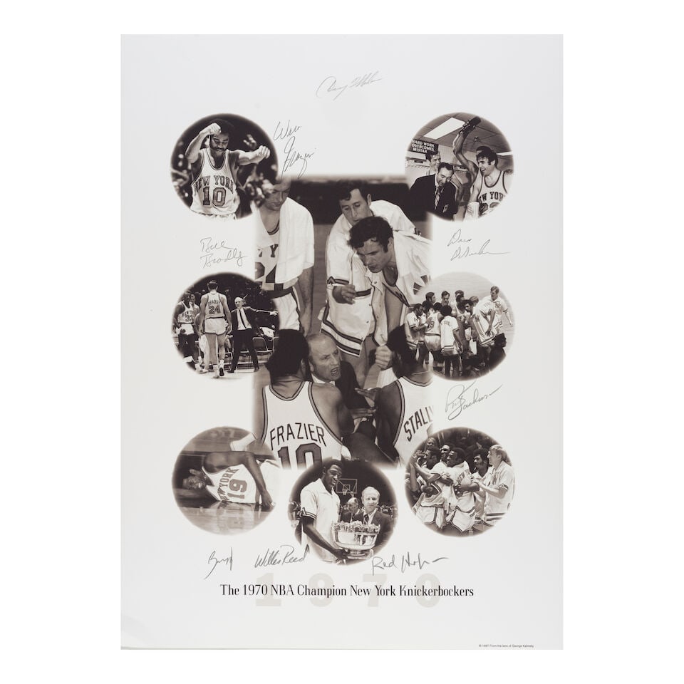 George Kalinsky (1936-2025): A Group of Signed NBA Champion New York Knickerbockers Material: George Kalinsky (1936-2025): A Group of Signed NBA Champion New York Knickerbockers Material comprising two NBA Champion team signed prints, one depicting 1970 players, the other depicting 1973 player