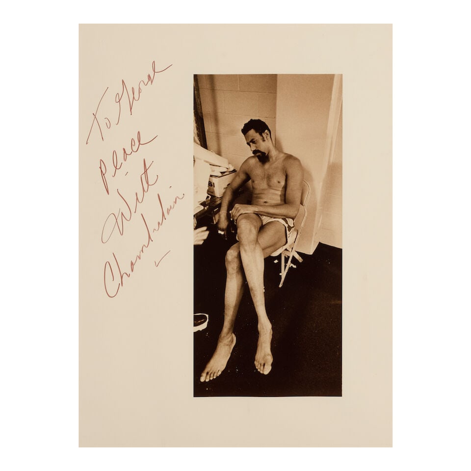 George Kalinsky (1936-2025): Wilt's Final Game: Wilt Chamberlain[After his final NBA game, Madis...: George Kalinsky (1936-2025): Wilt's Final Game: Wilt Chamberlain [After his final NBA game, Madison Square Garden, 1975] signed and dedicated To George / Peace / Wilt Chamberlain sepia photograph sigh