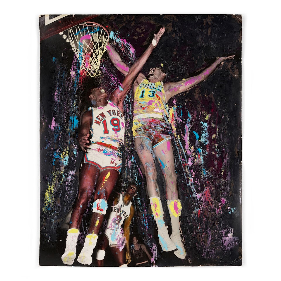 George Kalinsky (1936-2025): The Dunk: Willis Reed and Wilt Chamberlain[Philadelphia 76ers vs. N...: George Kalinsky (1936-2025): The Dunk: Willis Reed and Wilt Chamberlain [Philadelphia 76ers vs. New York Knicks, Madison Square Garden, circa 1967] painted photograph 19 1/8 x 15 1/2in Together with T