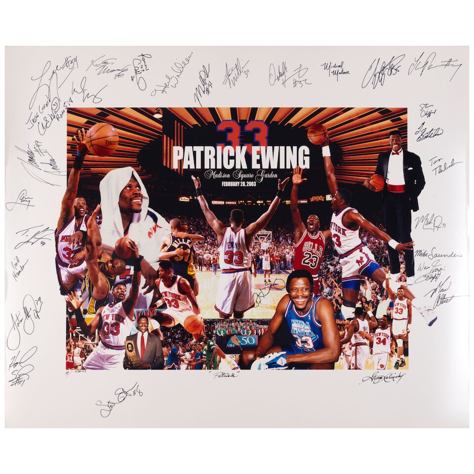 George Kalinsky (1936-2025): Patrick: Patrick Ewing[Patrick Ewing's Retirement]: George Kalinsky (1936-2025): Patrick: Patrick Ewing [Patrick Ewing's Retirement] signed George Kalinsky, titled, dated, inscribed 2-28-03 AP (lower right), and additionally signed by Herb Williams, To