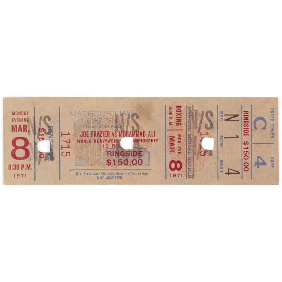A Fight of the Century, Ali vs. Frazier Original Ringside Ticket[Madison Square Garden, March 8,...: A Fight of the Century, Ali vs. Frazier Original Ringside Ticket [Madison Square Garden, March 8, 1971] overall 1 3/4 x 5 1/2in Footnotes: The Fight of the Century (1971) can easily be considered one