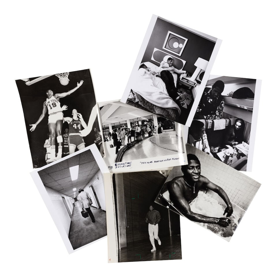 George Kalinsky (1936-2025): Willis Reed: Seven Photographs: George Kalinsky (1936-2025): Willis Reed: Seven Photographs comprising Reed on the phone in a hotel room, on a team bus, playing against the Milwaukee Bucks, on a jog in a gym, This was Another Killer