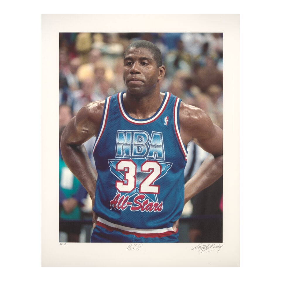 George Kalinsky (1936-2025): M.V.P.: Magic Johnson[All-Star Game, Orlando Arena, 1992]: George Kalinsky (1936-2025): M.V.P.: Magic Johnson [All-Star Game, Orlando Arena, 1992] signed George Kalinsky, titled, and annotated AP 7/7 (lower margin) iris print on somerset velvet rag paper sigh