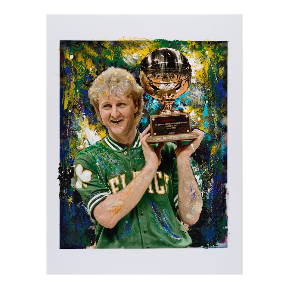 George Kalinsky (1936-2025): Three Painted Photographs: Eli Manning, Larry Bird, and Magic Johnson - 2
