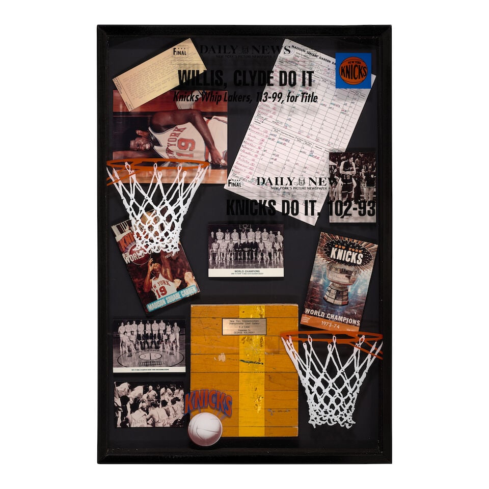 A New York Knickerbockers Championship Court Gallery Shadowbox: A New York Knickerbockers Championship Court Gallery Shadowbox including an assemblage of facsimiles and a piece of the Madison Square Garden court that the 1970 and 1973 champion teams played on, wit